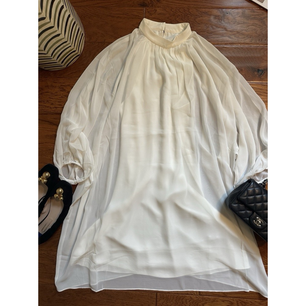 NWT Trina Turk Rhyme Dress Womens L White Chiffon High Neck Flowy Lined $378